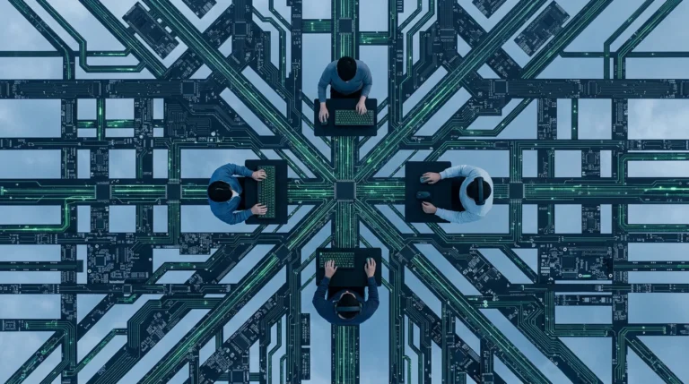 Aerial view of a stylized circuit board landscape with people interacting with miniaturized budget gaming peripherals, symbolizing widespread accessibility.