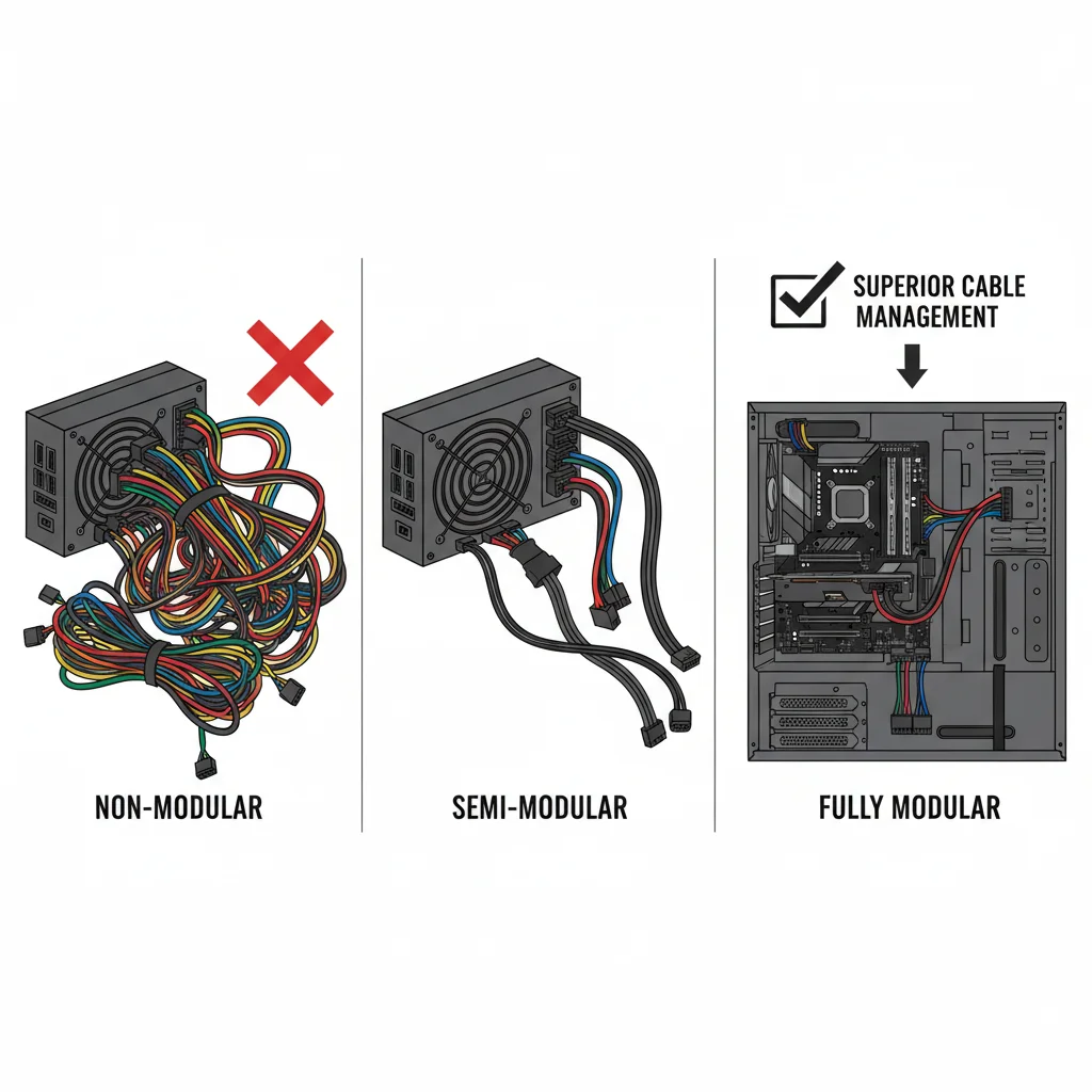 Diagram comparing modular, semi-modular, and non-modular PSU cable management benefits.