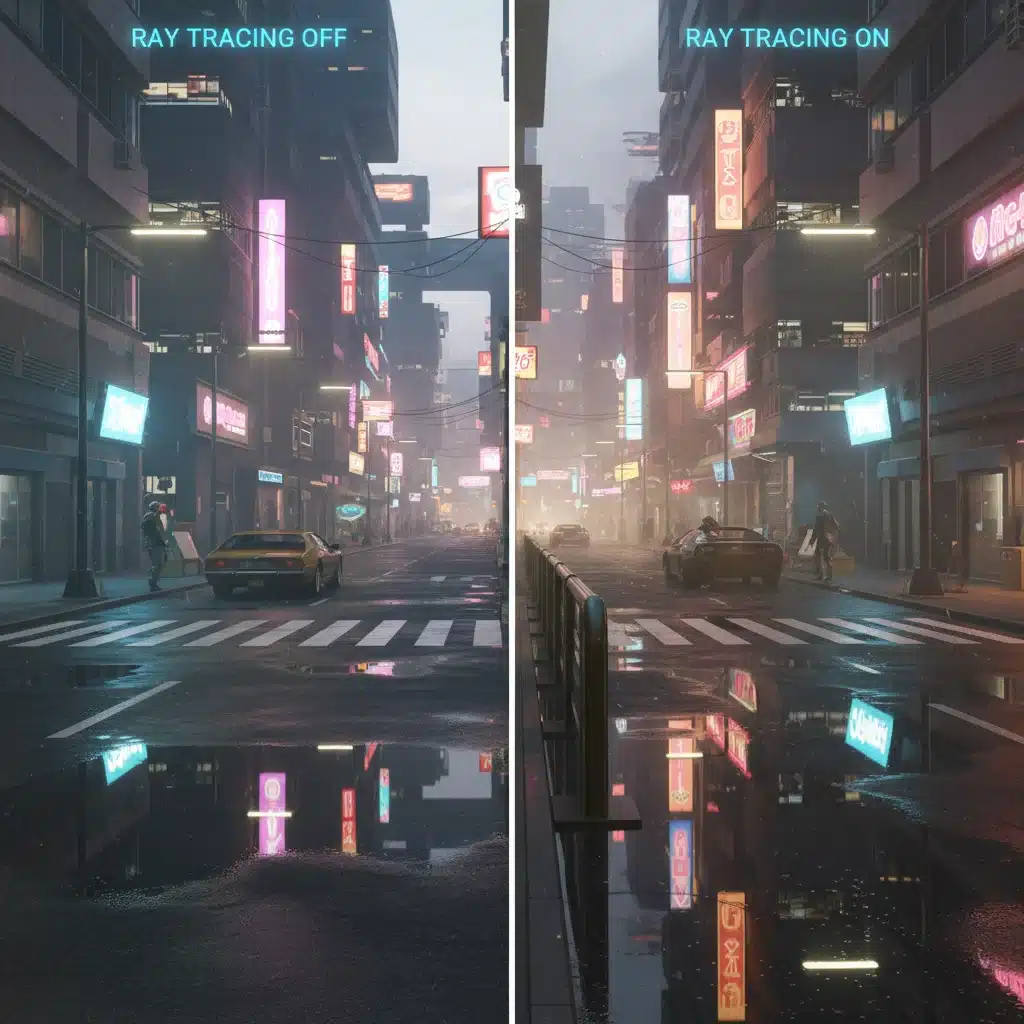 Side-by-side comparison of gaming graphics with and without ray tracing enabled.