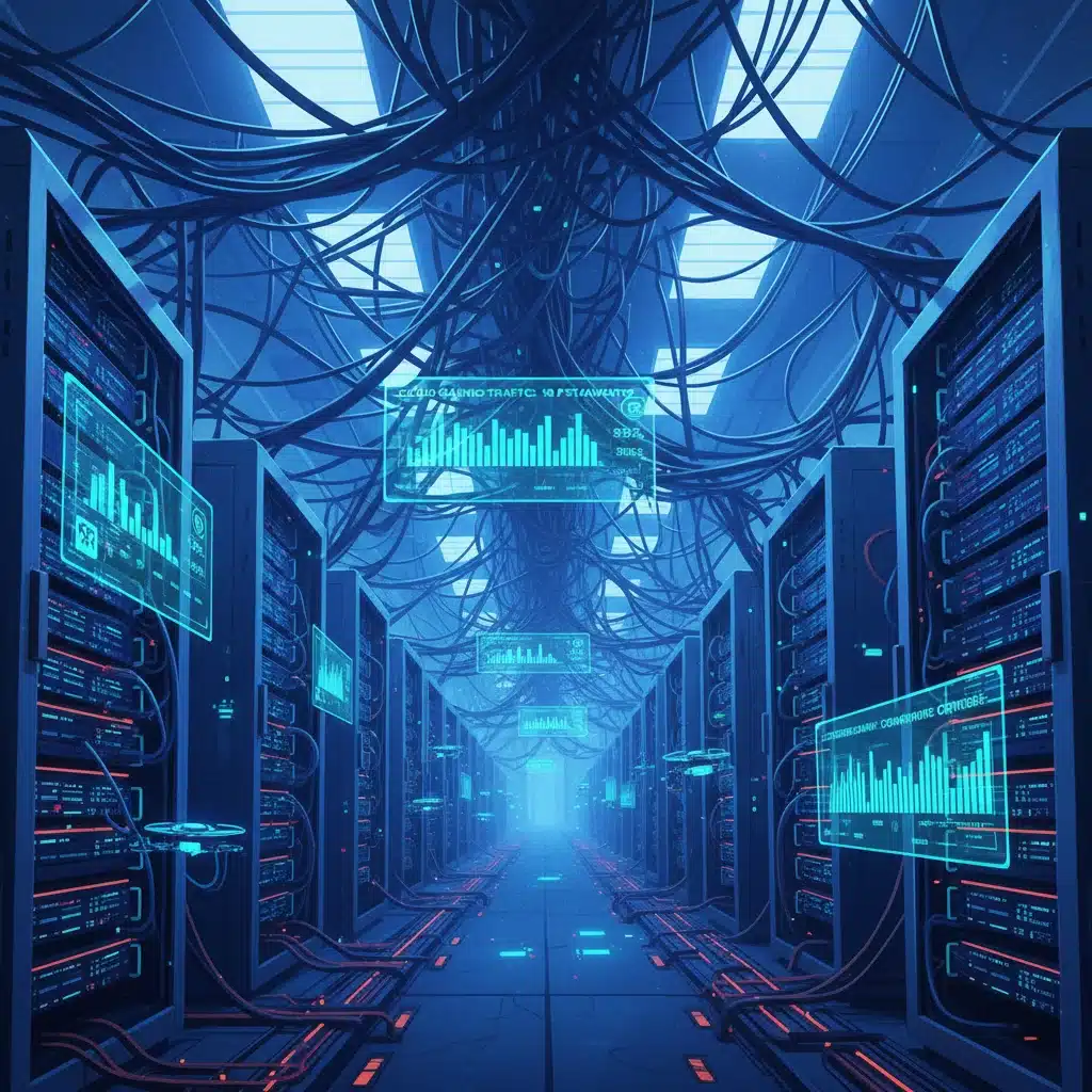 Large server farm with high-performance computing units, illustrating the physical demands of cloud gaming.