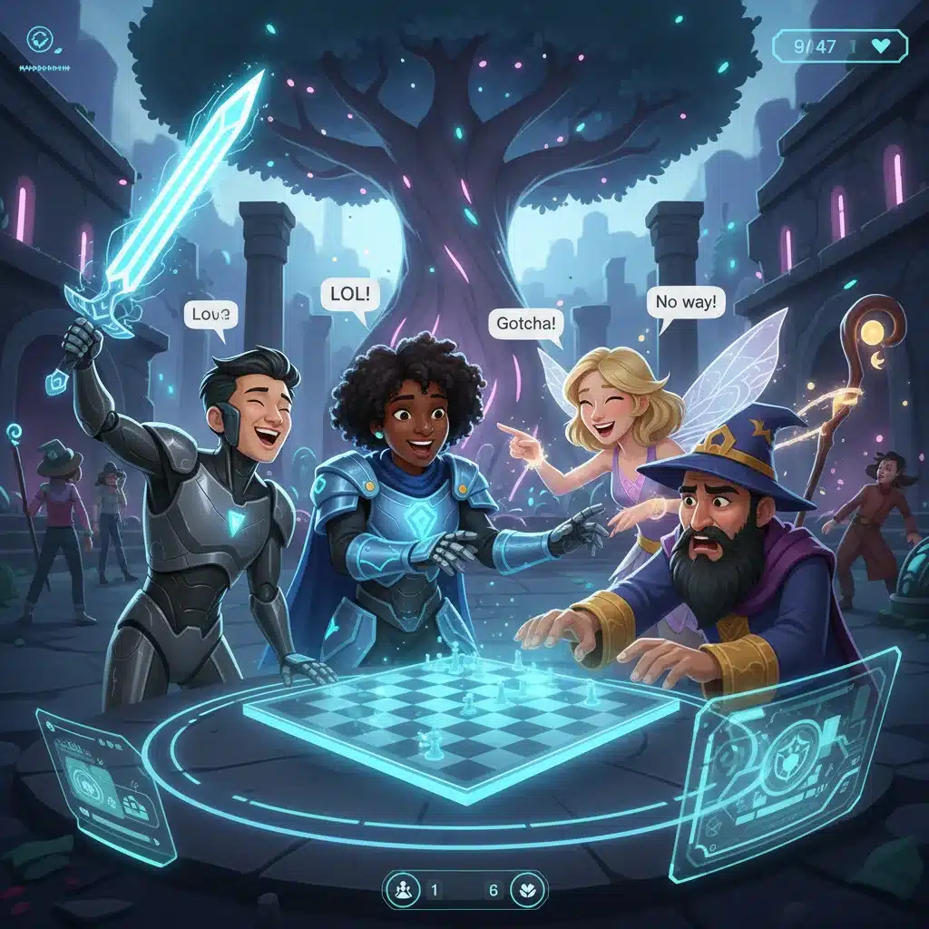 Diverse group of friends interacting as avatars in a social VR gaming environment.