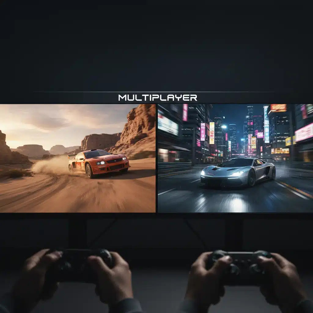 Multiplayer racing game split-screen action, showcasing diverse environments and competitive play.