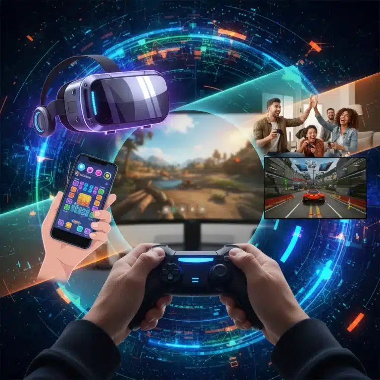 Diverse US gamers interacting with various gaming platforms and technologies, reflecting current market trends.