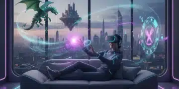 Person enjoying immersive VR gaming with Meta Quest 3 headset in a futuristic living room setting.