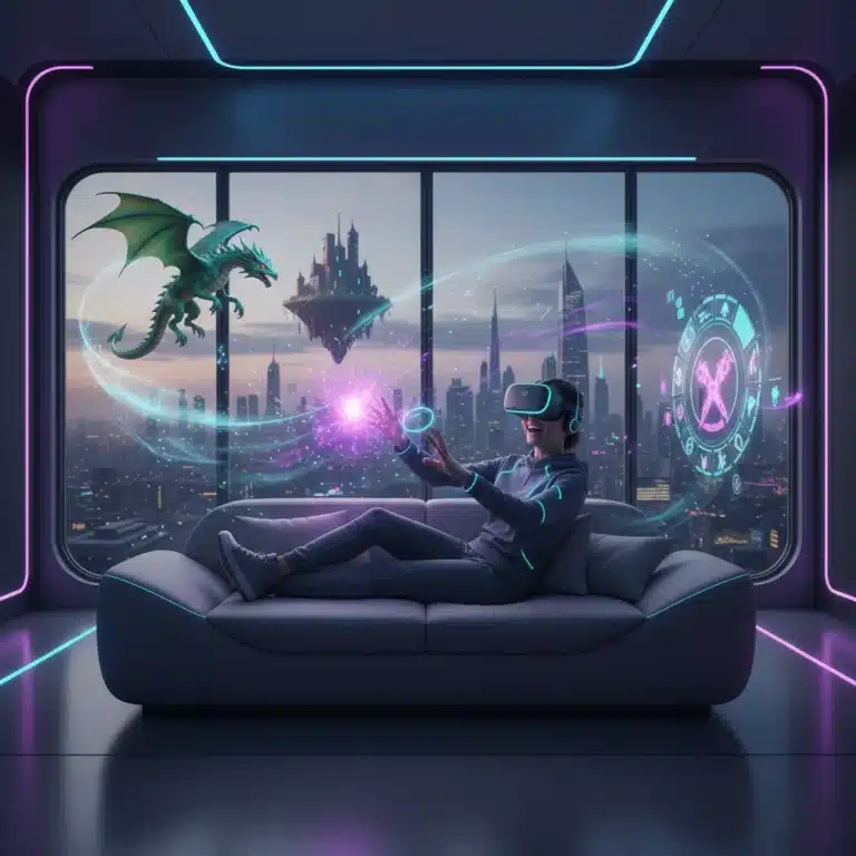 Person enjoying immersive VR gaming with Meta Quest 3 headset in a futuristic living room setting.