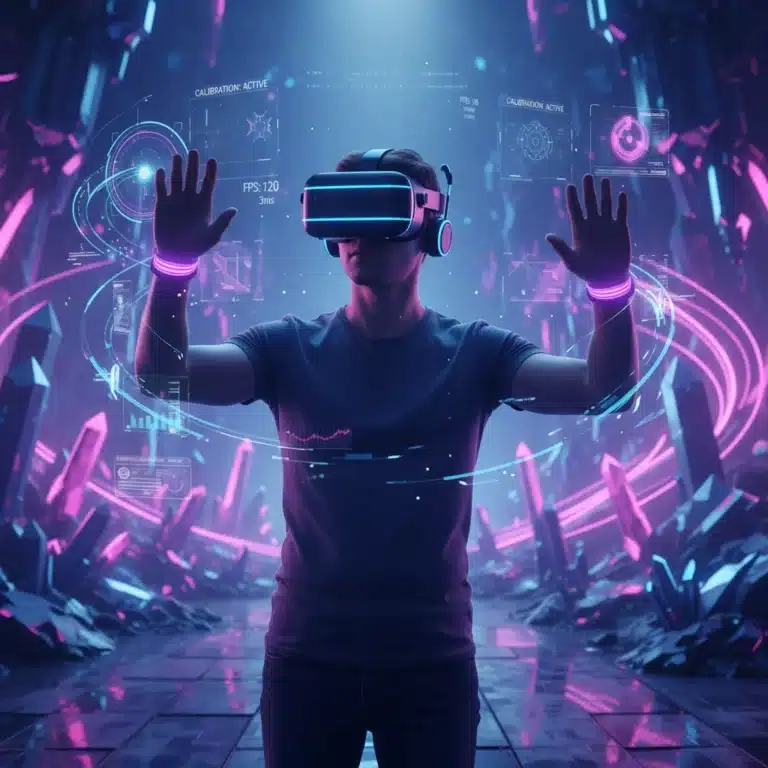 Futuristic VR user calibrating headset for enhanced immersion and reduced latency