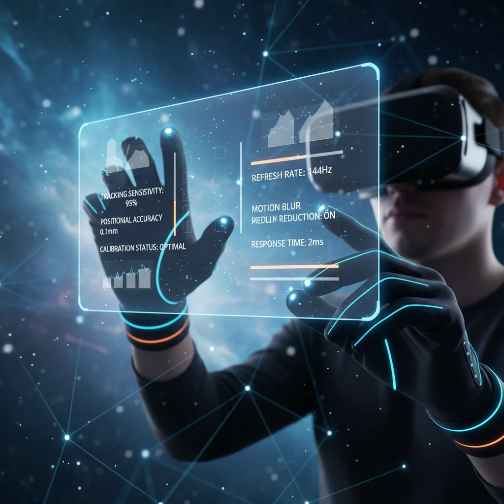 User adjusting virtual reality tracking and refresh rate settings via holographic interface